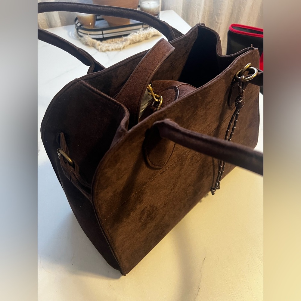 NWOT Matching Brown Suede Women’s Handbag Set - Two-Piece Shoulder & Tote - Picture 3 of 15